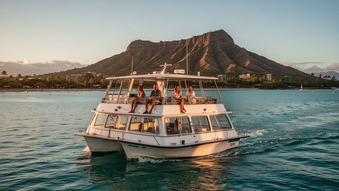 Double-decker boat gliding through calm turquoise ocean waters off Waikiki Beach on a clear weekday morning, with Diamond Head volcano in the background and exactly four relaxed passengers.