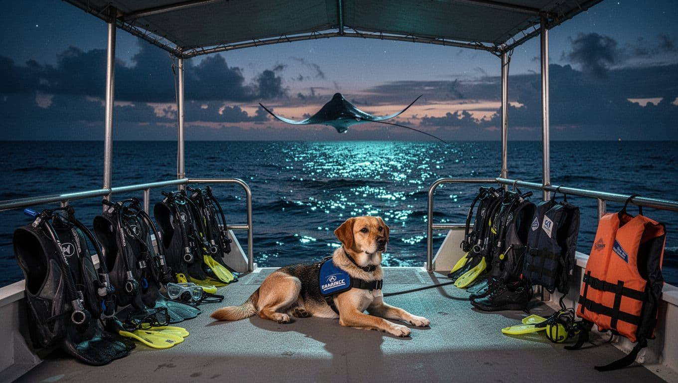 A service dog rests beside snorkeling gear on a shaded boat deck at dusk.