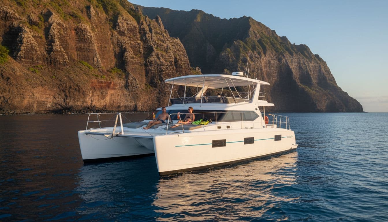 Catamaran anchored in turquoise Kealakekua Bay with shaded deck, two passengers sipping drinks, volcanic cliffs behind.