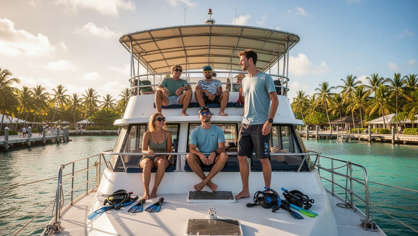 Double-decker boat docked at Kewalo Basin with shaded upper deck, three people relaxing near snorkel gear.