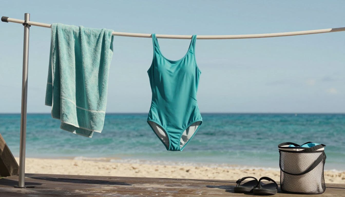 A swimsuit dries on a shaded rack beside a towel, mesh bag, and sandals.