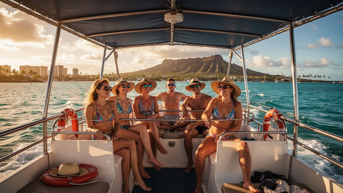 Double-decker boat departing Kewalo Basin on a sunny Waikiki afternoon, with four passengers relaxing under large shade sails, turquoise waves, and Diamond Head in the background.