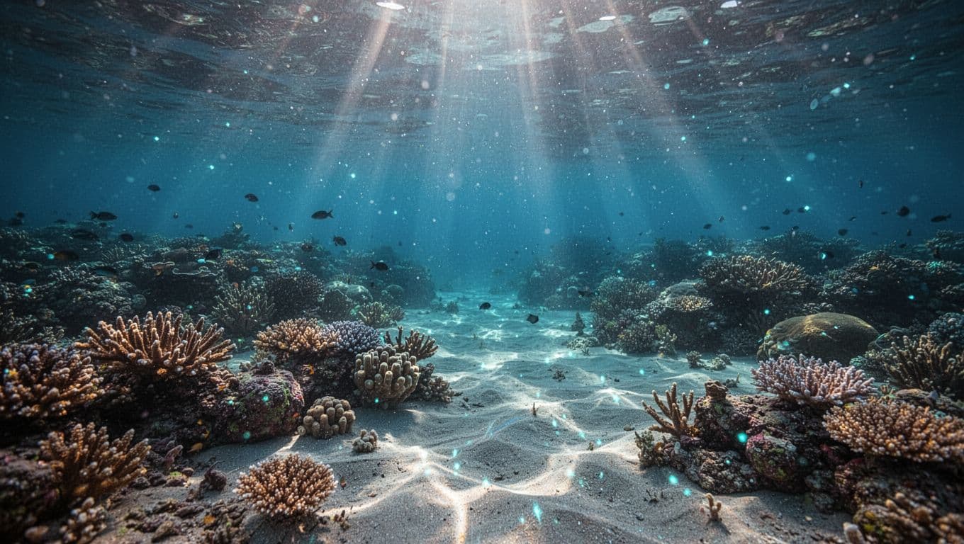 Sunbeams illuminate a calm coral reef in clear shallow blue water.