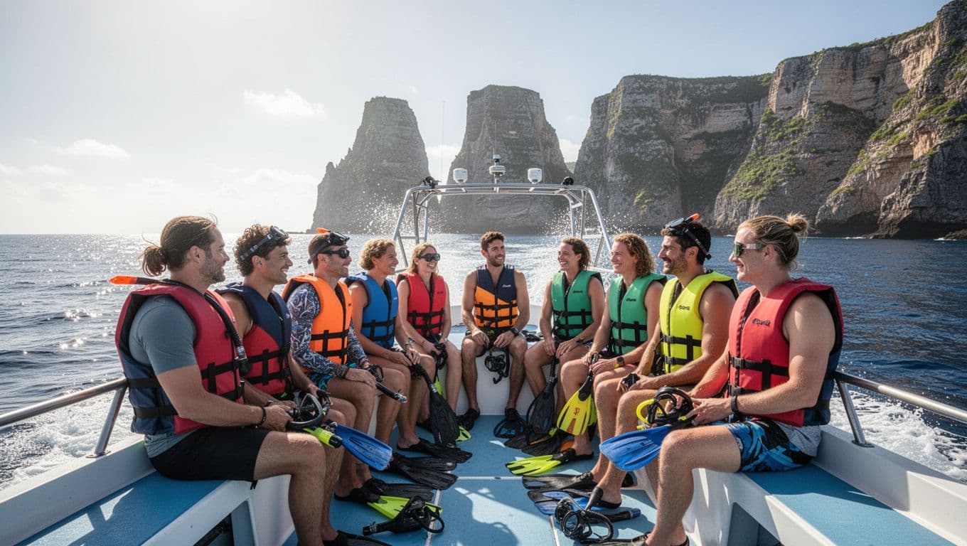 A diverse group of 10 tourists aged 20-50 on a crowded shared snorkel tour boat motoring across the calm ocean toward Kealakekua Bay cliffs under a sunny sky, chatting excitedly in life vests with snorkel gear.