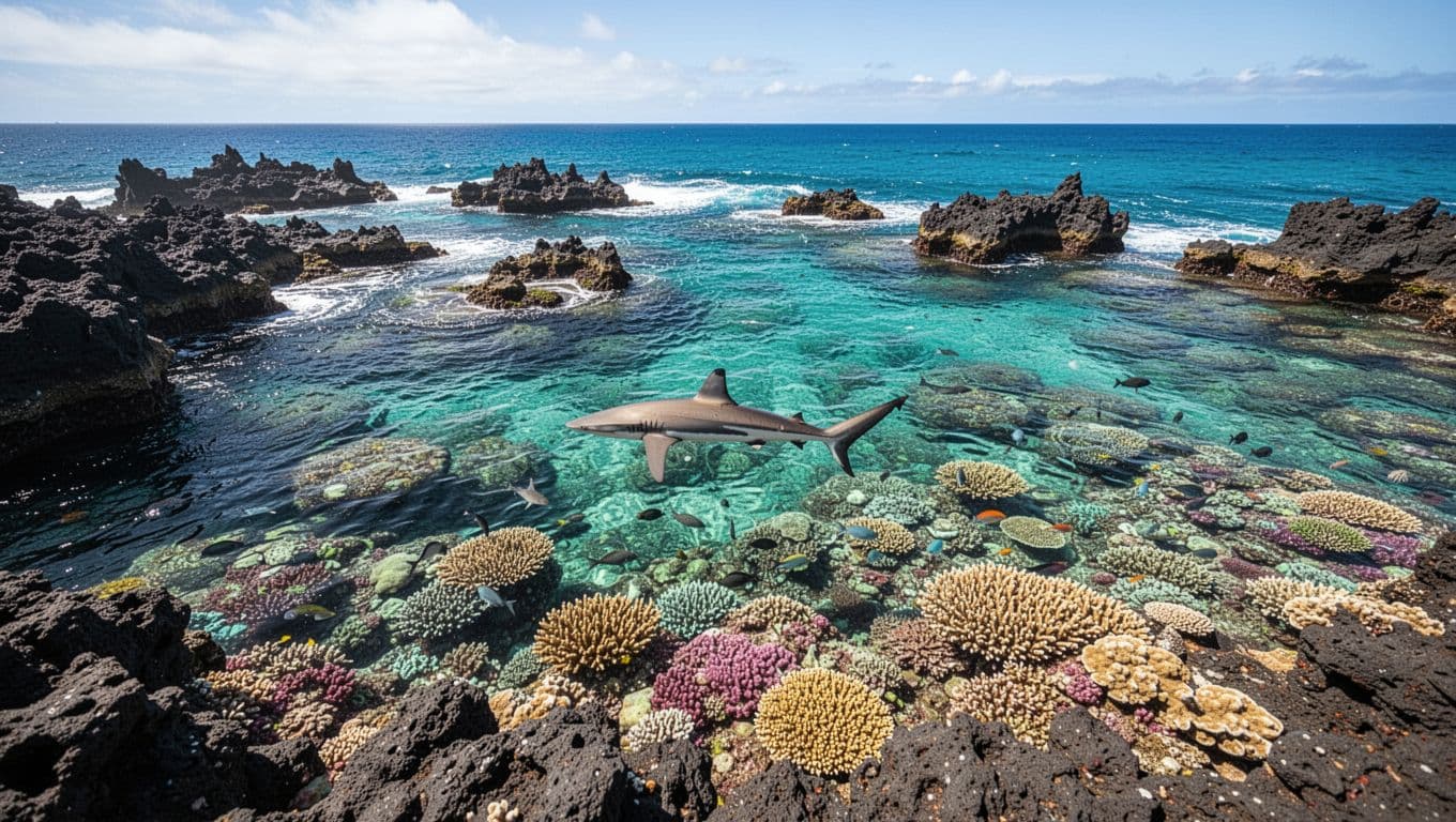 Submerged volcanic rock formations frame crystal clear turquoise waters teeming with vibrant coral reefs. The cinematic perspective captures a tranquil summer day at the island's most famous natural snorkeling lagoon.