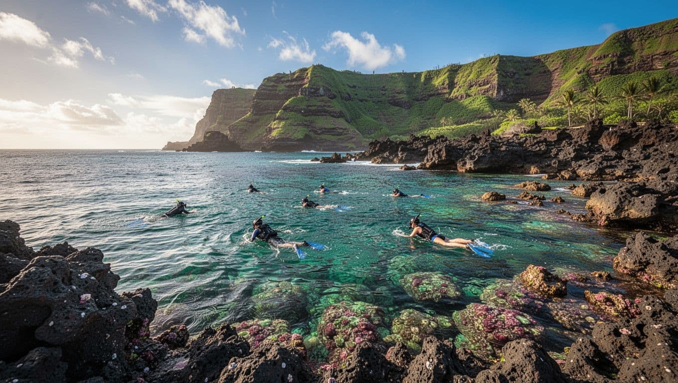 Rocky shoreline with natural lava rock pools at Sharks Cove on Oahu's North Shore, featuring calm turquoise waters, colorful fish, and snorkelers exploring reefs and tide pools from shore against green cliffs and ocean horizon.