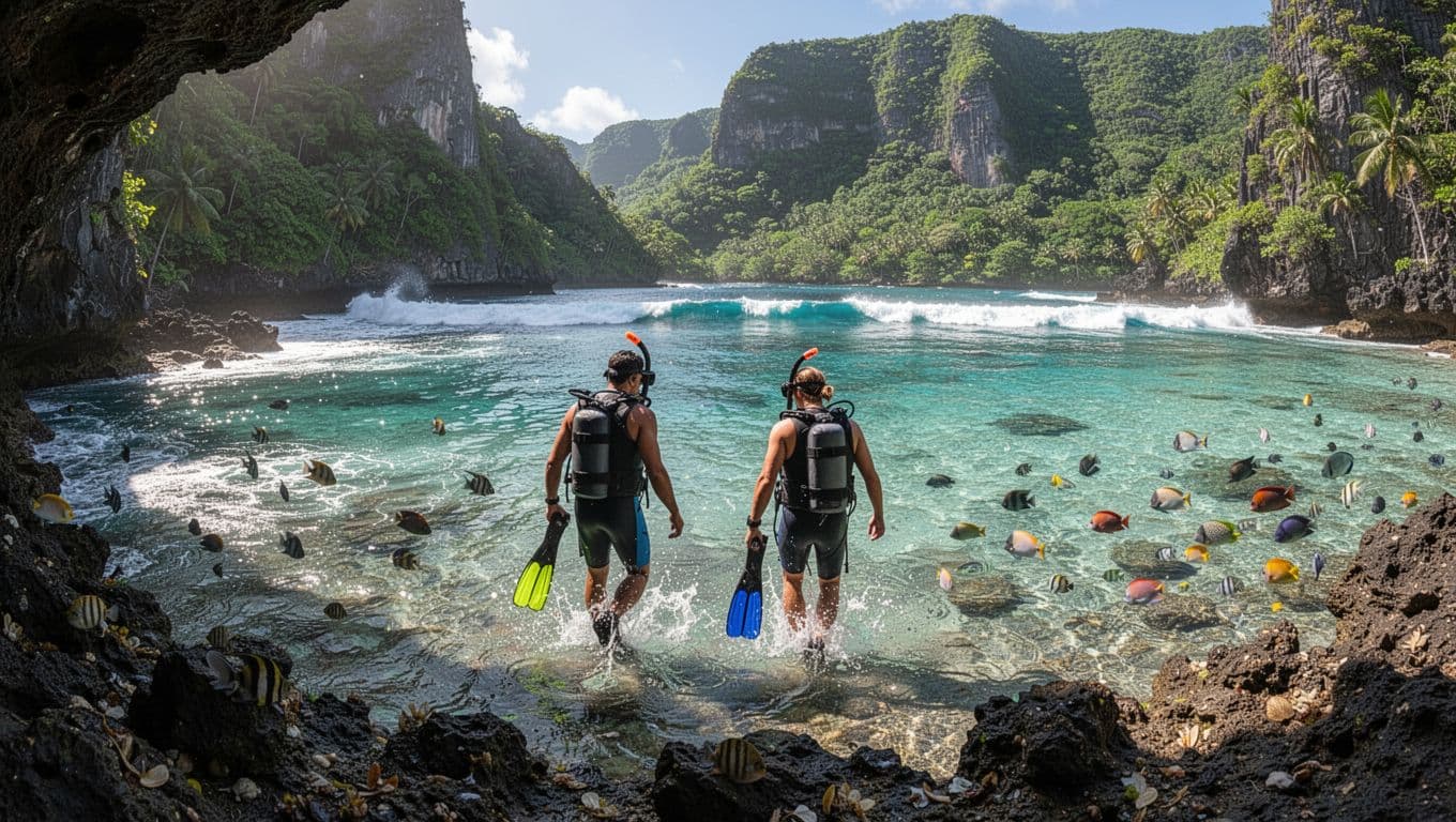 Panoramic summer view of Shark's Cove on Oahu North Shore, showing two snorkelers with gear relaxedly entering a calm turquoise lagoon from rocky shore, colorful fish visible underwater, green cliffs and waves in background under bright sunlight with cinematic dramatic lighting.