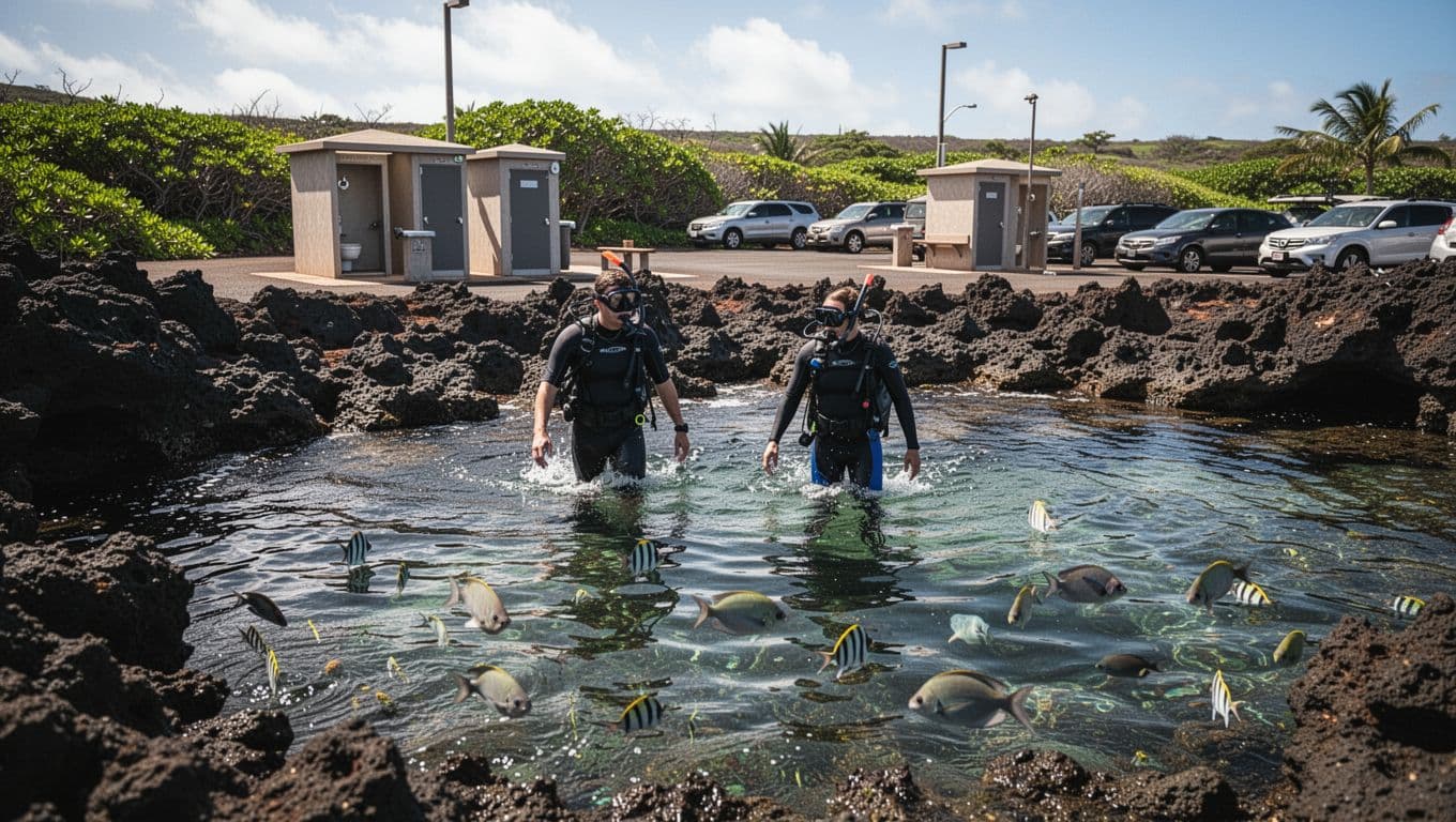 Rocky shoreline at Sharks Cove on Oahu's North Shore shows two snorkelers entering clear calm waters with tropical fish visible below the surface. Restrooms, showers, and parking facilities are in the background on a sunny April day.