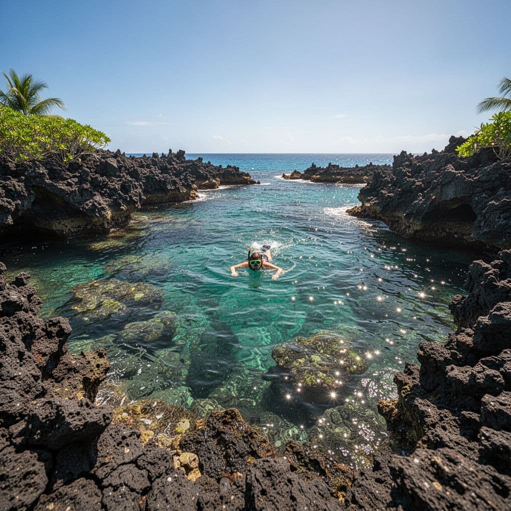 Rocky shoreline meets clear turquoise water at Shark's Cove with distant snorkeler on sunny day.