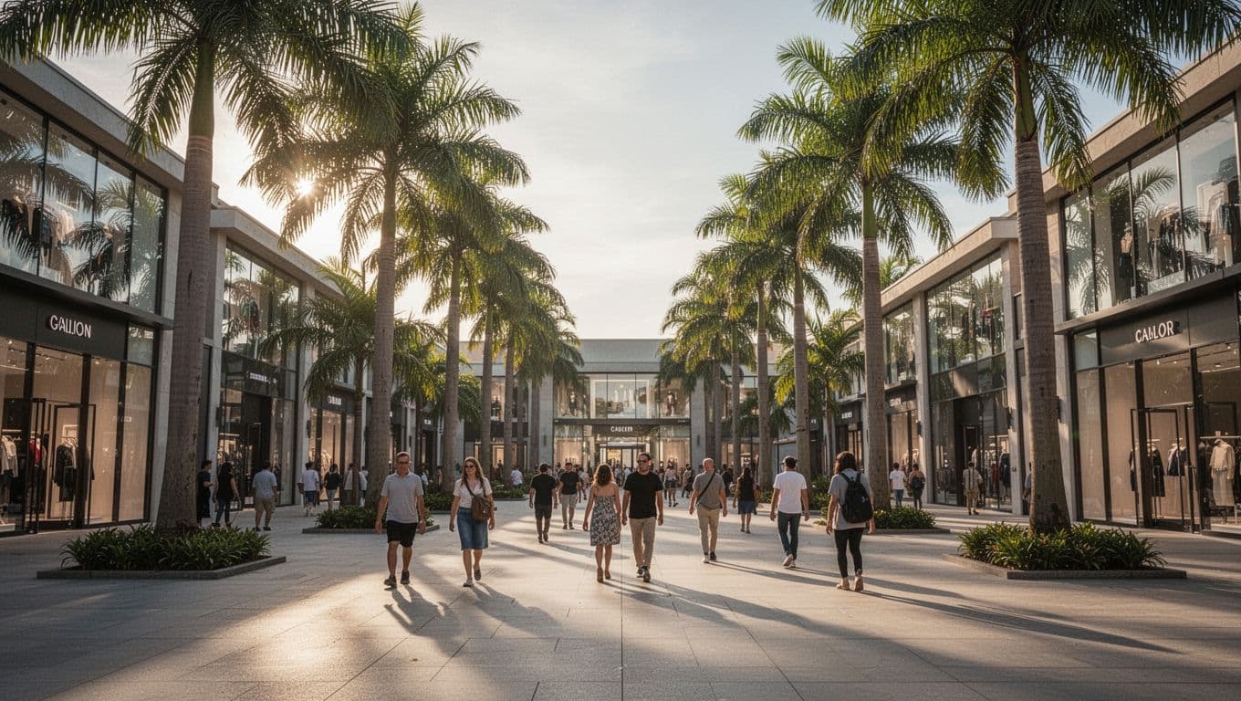 Diverse visitors stroll along the paved walkways of an expansive outdoor plaza. Tall tropical palm trees rise above the stylish storefronts, casting dramatic shadows under the warm glow of afternoon sunlight.