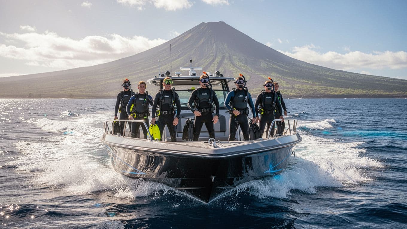 Small group of six excited snorkelers on a high-speed boat cruising the sunny Kona coast of Big Island, Hawaii, with volcano in background and ocean spray.