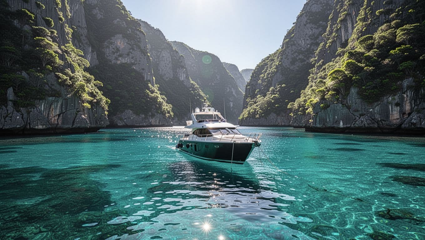 A sleek boat anchored in a calm, clear turquoise bay in Hawaii, surrounded by steep cliffs, sunny day, cinematic style, strong contrast, cyan accents, no text, no people.