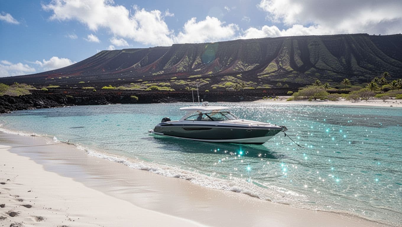 A modern motorboat sits anchored in turquoise water near a quiet white sand shore. Jagged volcanic cliffs frame the background under a bright sun that highlights the sparkling tropical cove.