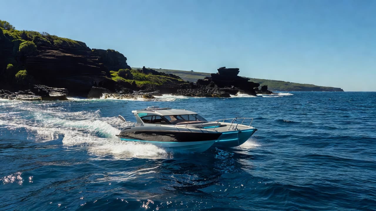 A sleek modern boat cuts through the deep blue ocean near the volcanic cliffs of Hawaii. The scene highlights the rugged coastline against the brilliant sun on a clear day.