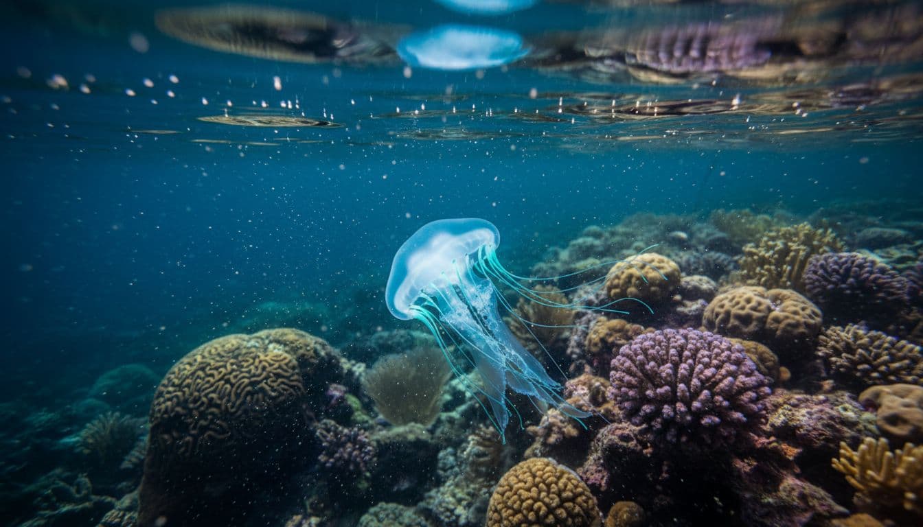 Small box jellyfish with translucent bell and trailing tentacles floats in calm ocean water near Hawaii reef amid plankton.