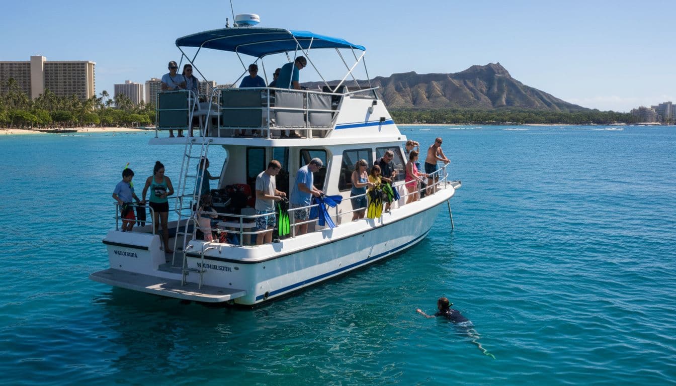 Small double-decker powerboat anchored in calm blue ocean near Waikiki, passengers preparing snorkel gear with Diamond Head background.