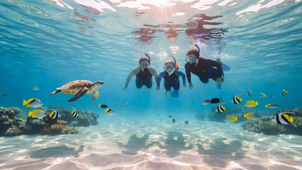 A small group of snorkelers floats in crystal-clear Hawaiian waters as sunlight creates distinct rays beneath the surface. A sea turtle and colorful tropical fish glide through the vibrant reef below.