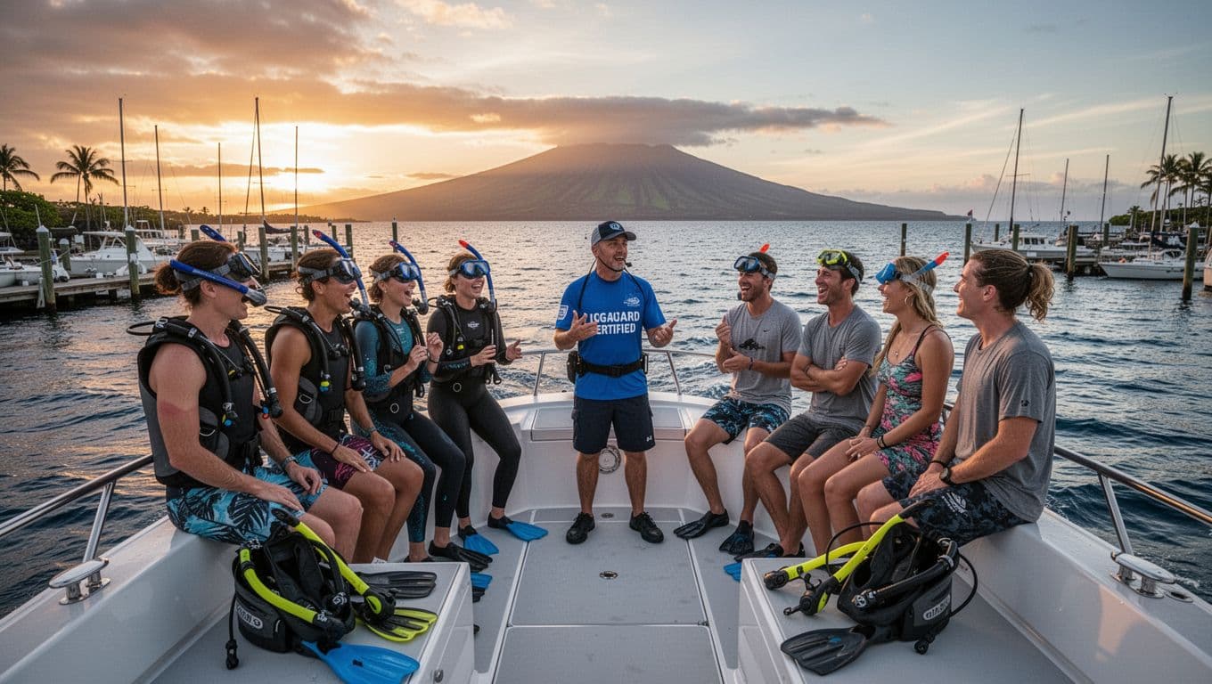 Excited group of 5 snorkelers and 1 lifeguard-certified guide on a modern boat leaving Honokohau Marina at sunset for Kona manta ray night snorkel, with Big Island silhouette and dramatic golden hour lighting.