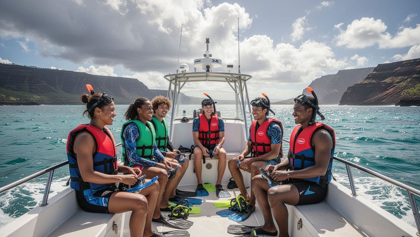 Modern snorkel boat cruising along Kona coast towards Kealakekua Bay with five happy diverse adventurers in life vests preparing gear amid sparkling blue waves and volcanic cliffs under dramatic sunny skies.