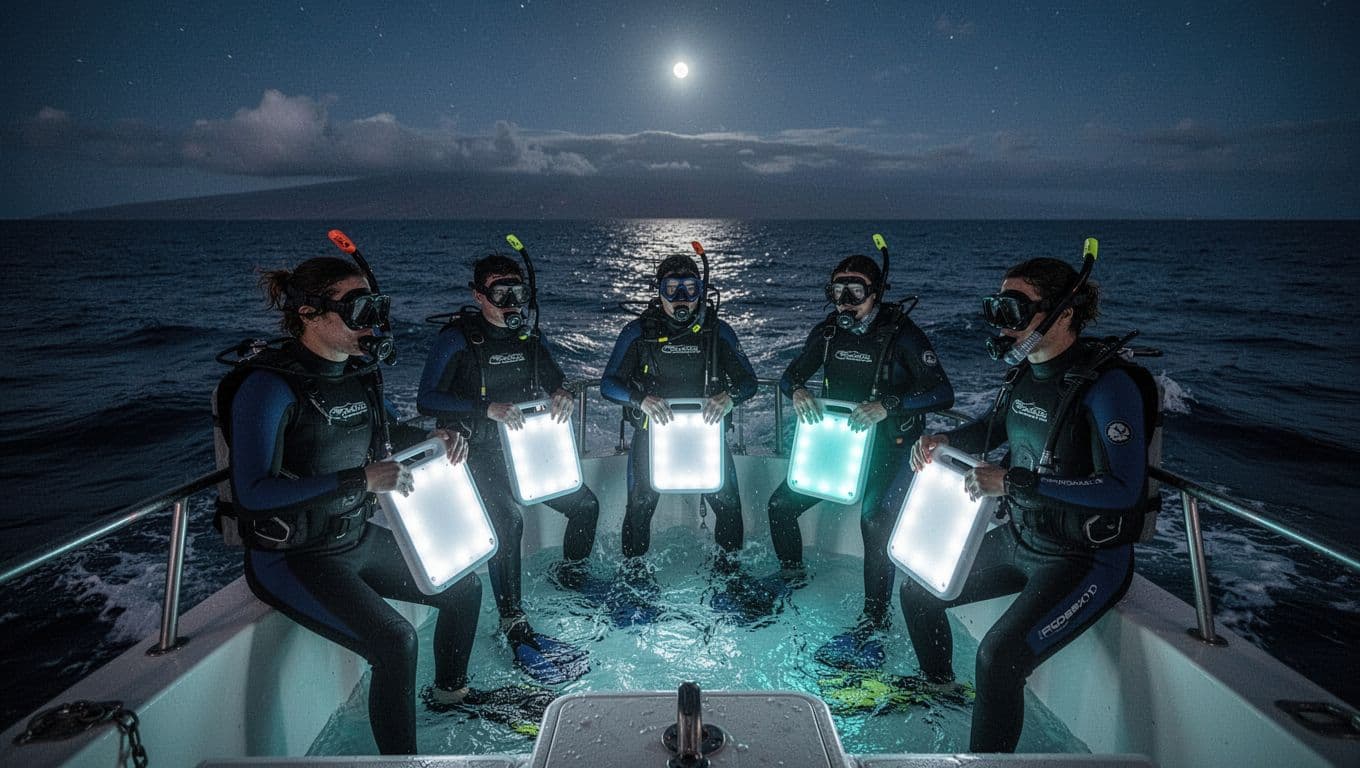 Small group of snorkelers on a boat at night holds glowing turquoise light-board in ocean.
