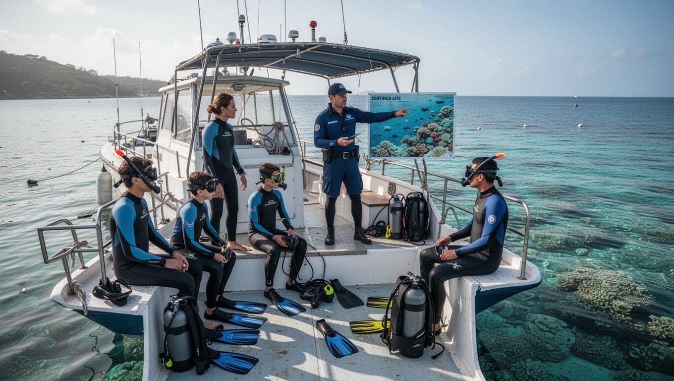 A lifeguard-certified guide points to a reef map as a small group of two adults and three kids prepare their snorkeling gear on a tour boat in a calm bay with clear ocean waters.