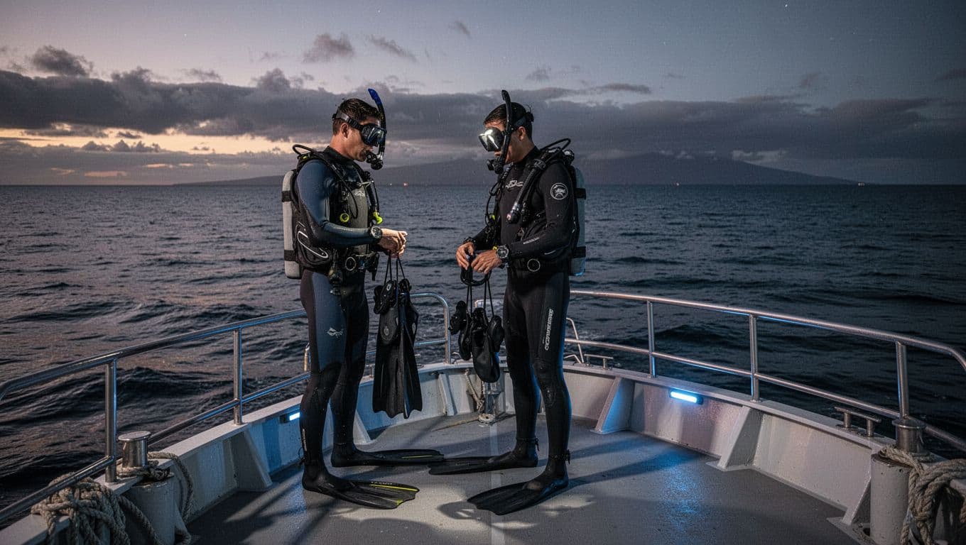 A small group of four relaxed snorkelers including a solo traveler stands on the stable boat deck at Honokohau Marina in Kona, Hawaii, with gear ready for a night manta tour amid calm seas and cinematic dramatic lighting. The atmosphere conveys safety and friendliness ideal for solo travelers.
