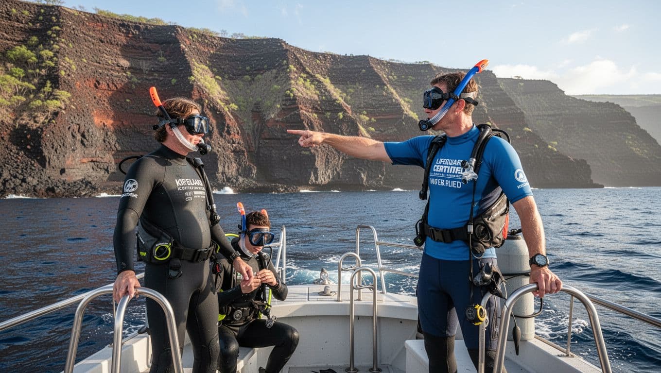 Five snorkelers on boat off Kona coast ready gear as guide points to map, Big Island cliffs in background.