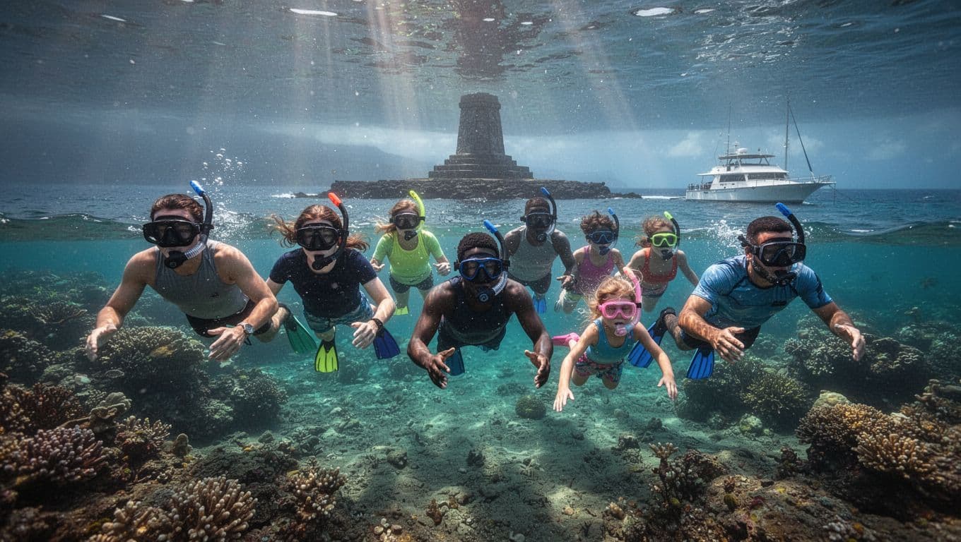 Eight snorkelers swim near coral reefs in turquoise Kealakekua Bay waters, sunlight rays filter through, monument and boat visible.