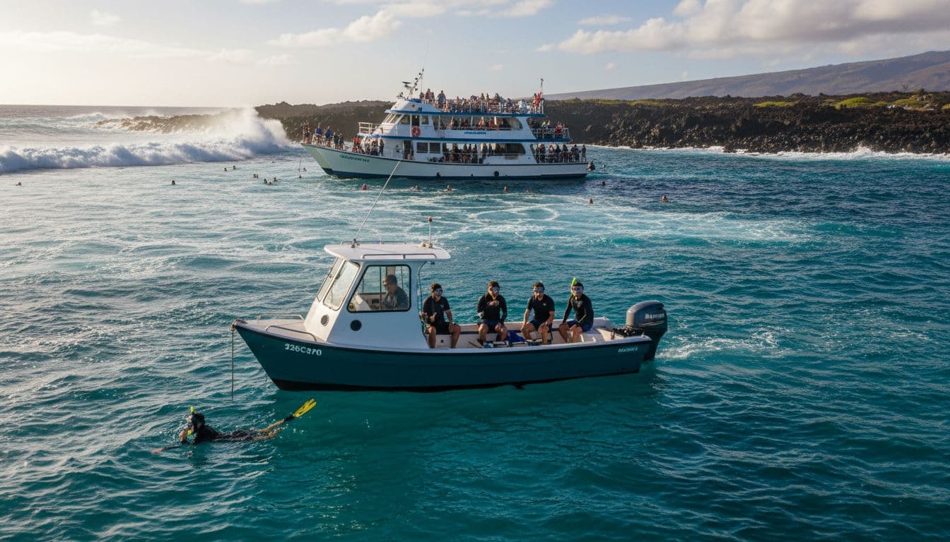 Small boat with four snorkelers off Kona coast beside large crowded tour boat in turquoise ocean and volcanic landscape.