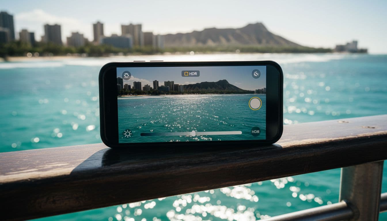 Smartphone screen shows camera app with reduced exposure, HDR on, sunlight white balance, over boat railing with turquoise ocean and Waikiki coast.