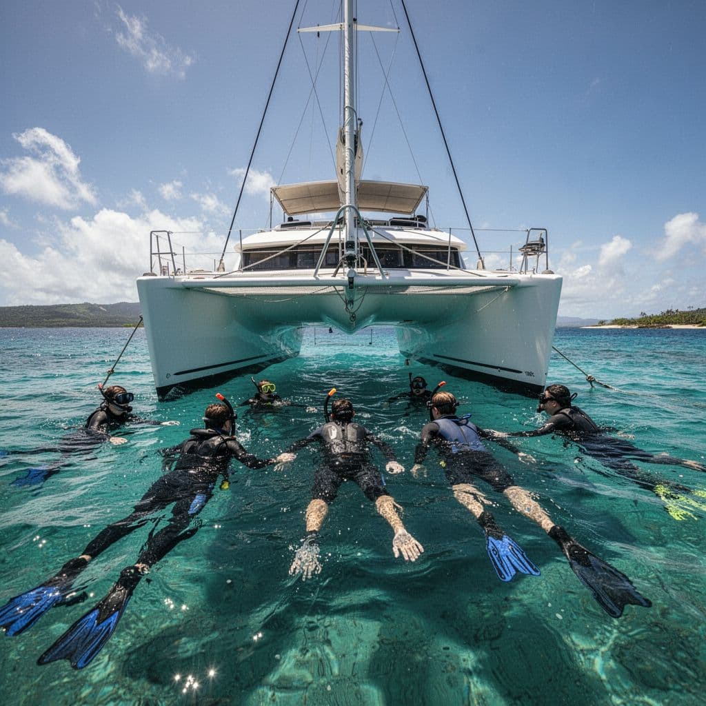 A large catamaran anchored in turquoise water with swimmers enjoying the nearby tropical reef.