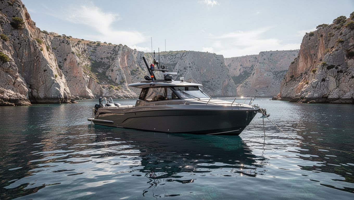 A custom snorkel boat sits anchored in a calm bay beneath towering coastal cliffs.