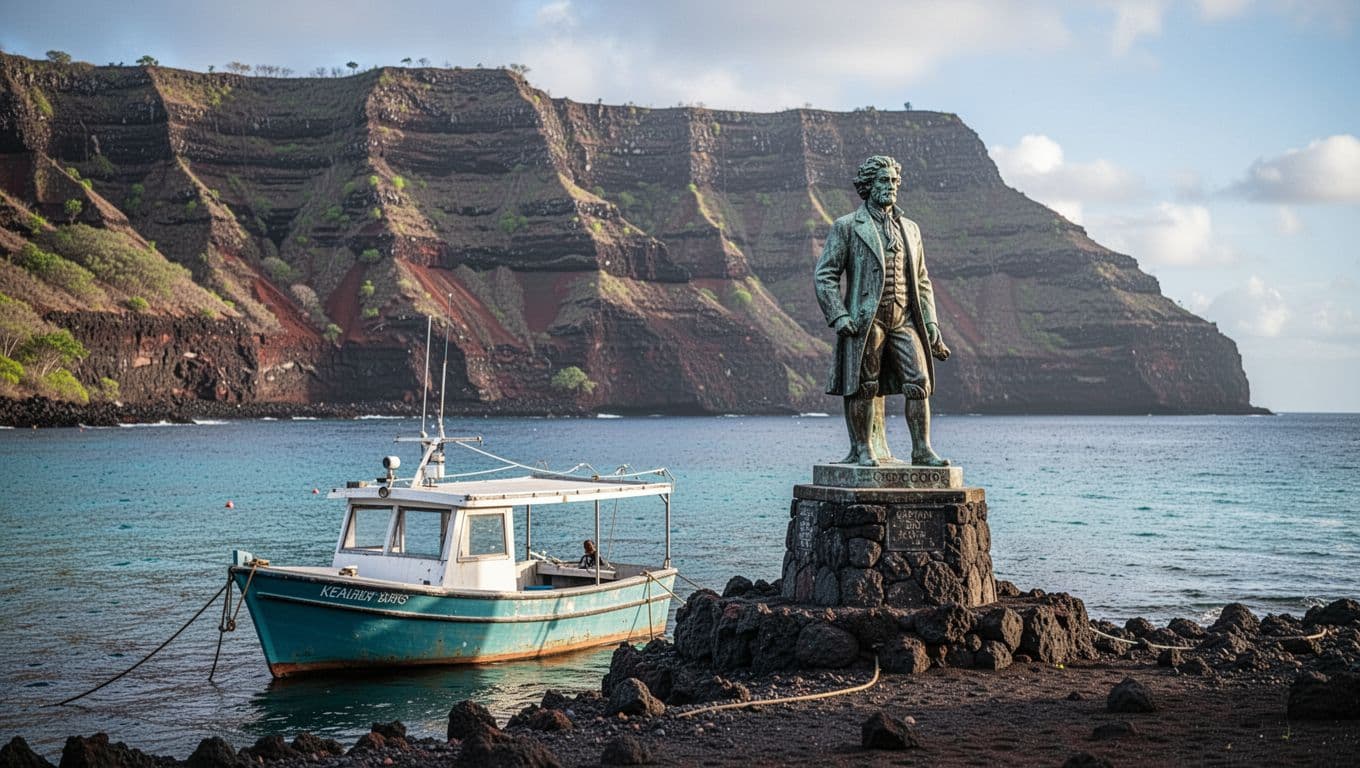 Snorkeling boat moored near Captain Cook monument with volcanic cliffs and turquoise water in Kealakekua Bay.
