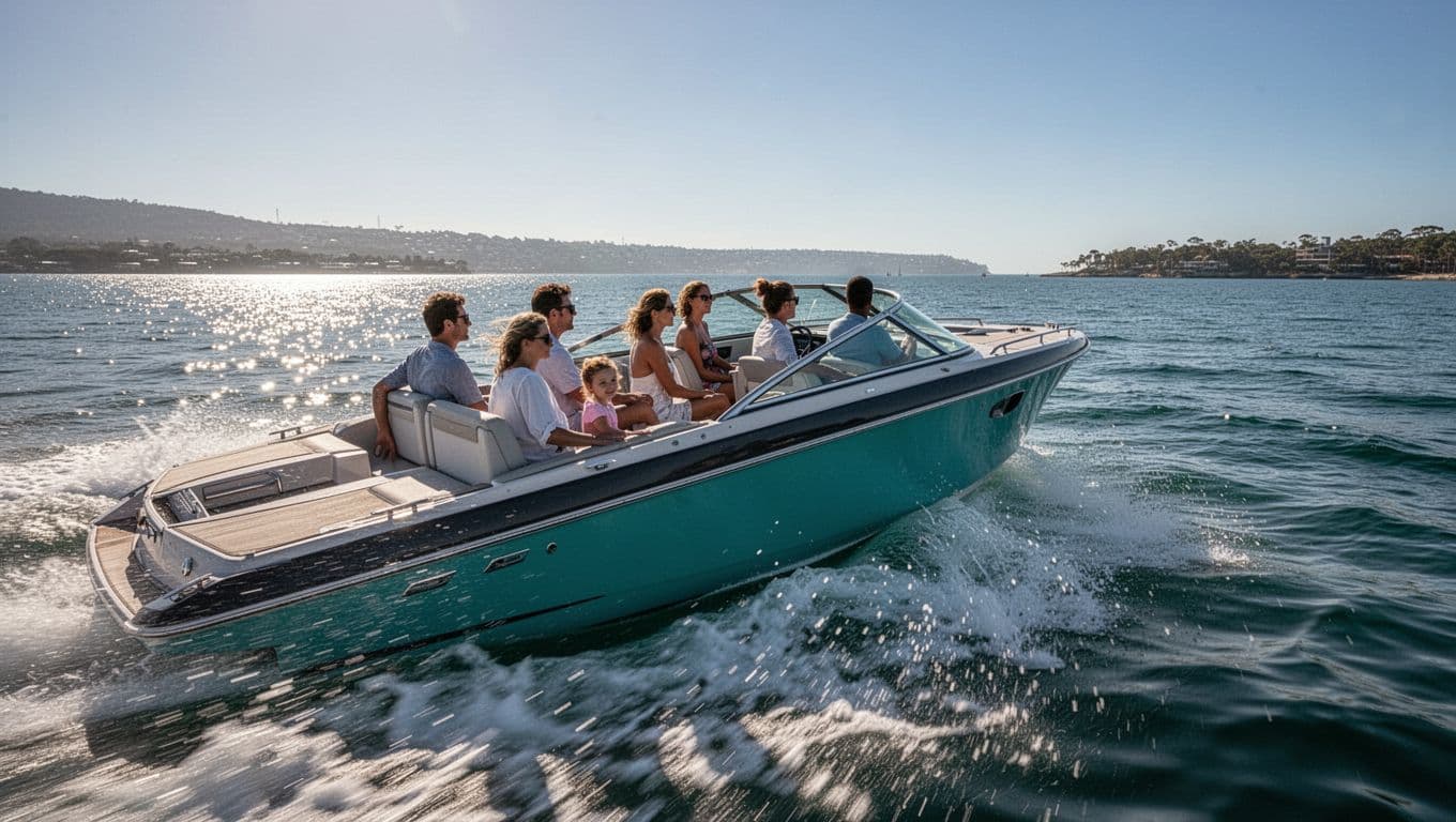 Dynamic side view of a high-speed boat leaving Honokohau Marina on Big Island Hawaii, heading to Kealakekua Bay for a Captain Cook snorkel tour, with ocean spray, excited passengers, and distant coastline under sunny skies.