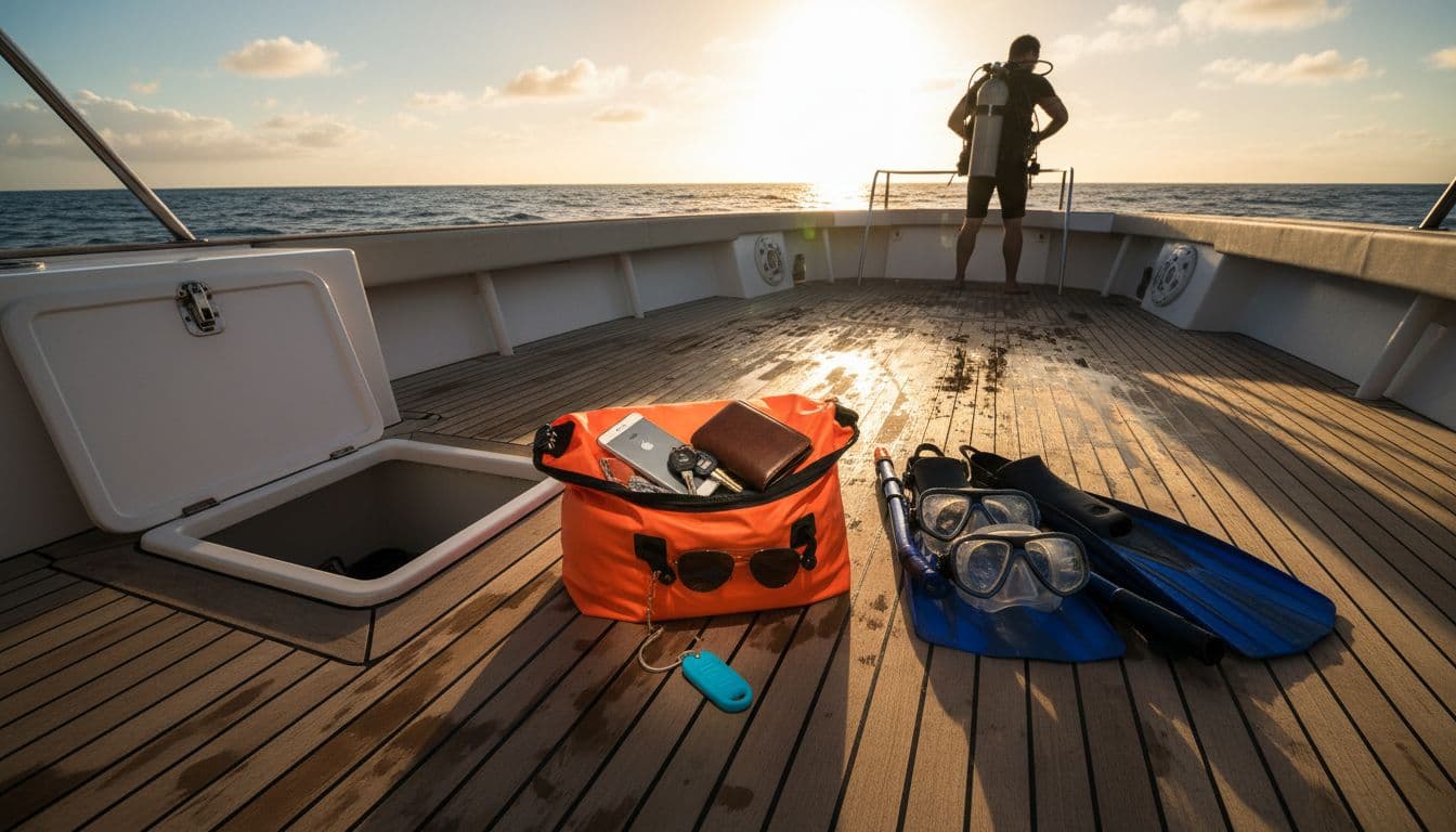 Open dry bag on sunny boat deck holds smartphone, wallet, keys, sunglasses next to snorkel fins, masks, and locker; one person adjusts gear in background.