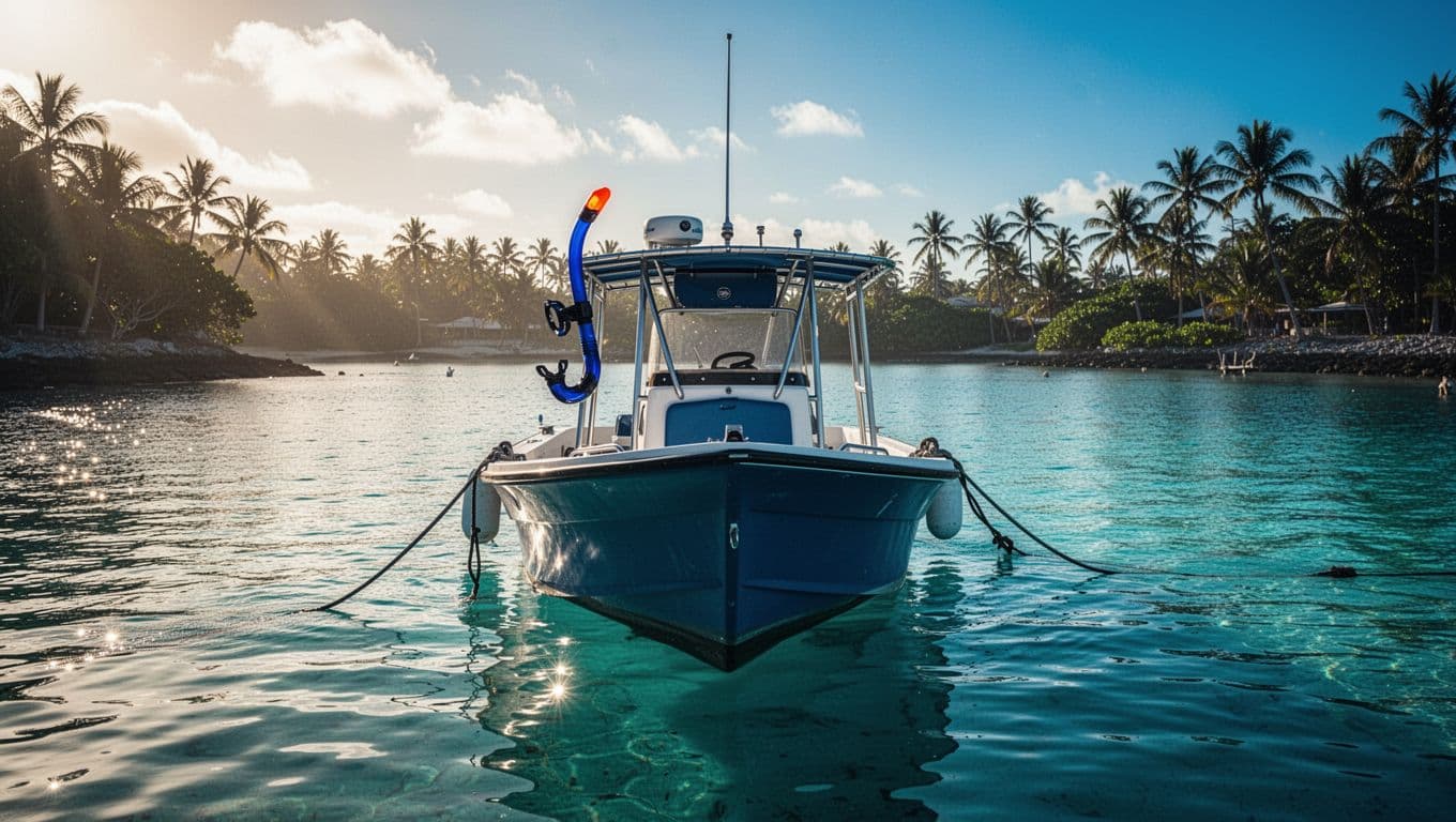 A small snorkel boat floats in a calm, turquoise tropical harbor under bright sunlight.