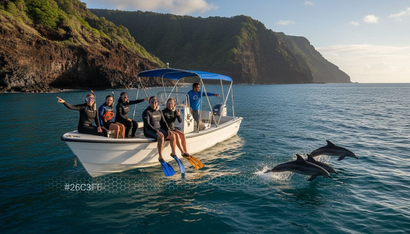 Six people on snorkel boat approach Kealakekua Bay cliffs with dolphins jumping nearby on sunny day.