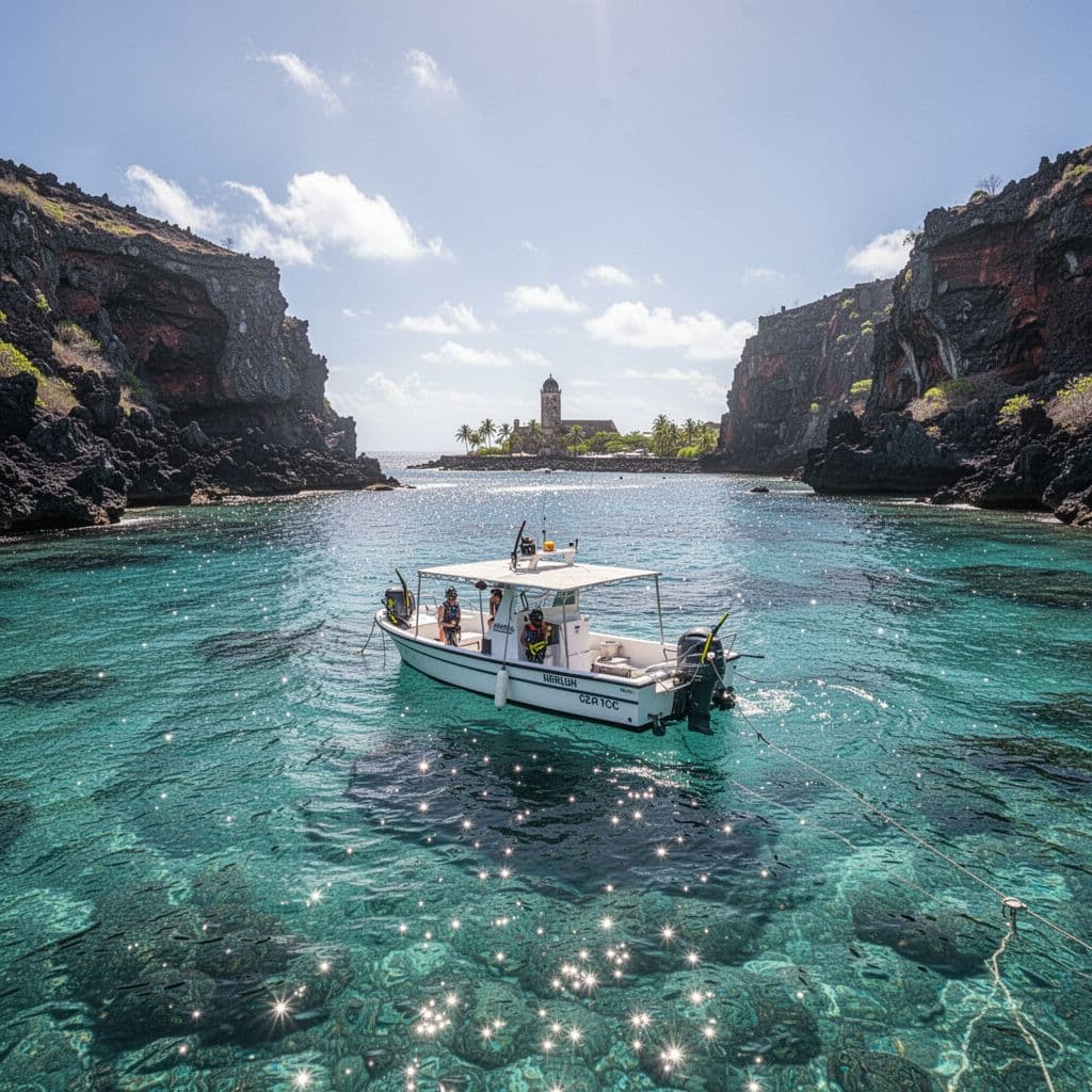 A snorkel boat is anchored in the clear blue waters of Kealakekua Bay near volcanic cliffs.
