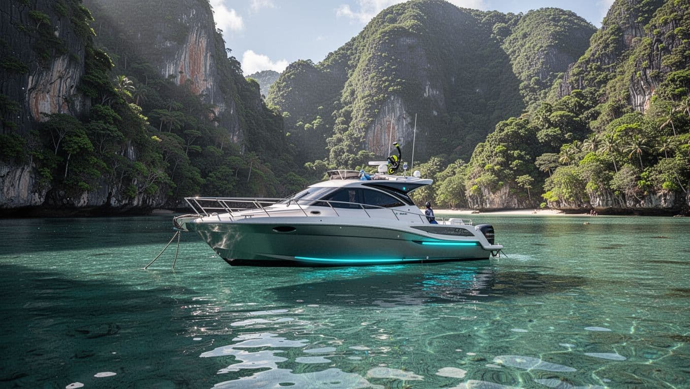 A white snorkeling vessel floats upon glassy turquoise water within a secluded cove. Massive green cliffs rise vertically from the shoreline, framing the serene marine landscape under a cloudless sky.