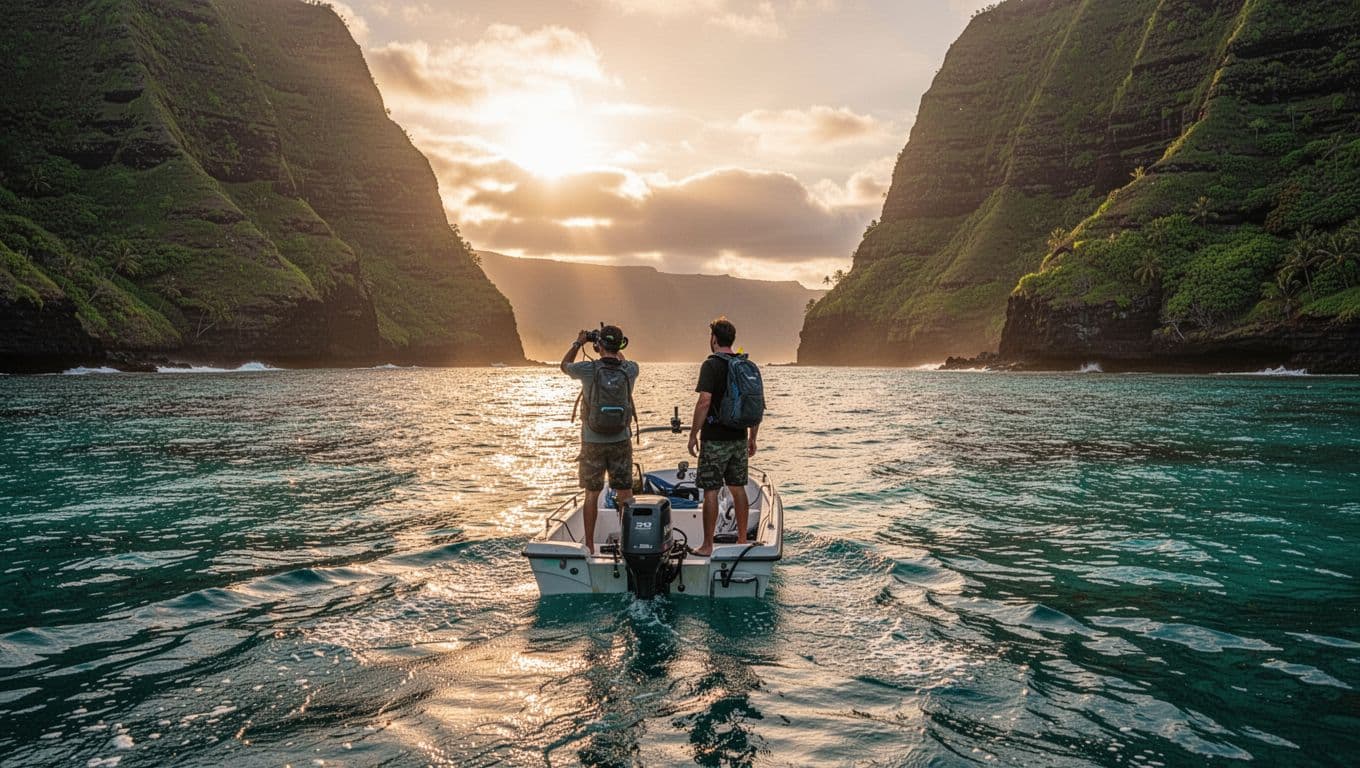 Small snorkel boat cruises turquoise ocean toward towering green cliffs of Kealakekua Bay at dawn with two adventurers on deck.