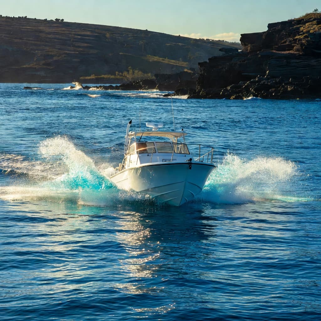 A professional boat cuts through vibrant blue ocean waves near a lush volcanic coastline. Sunlight glints off the water spray as the vessel heads toward an offshore snorkeling adventure site.