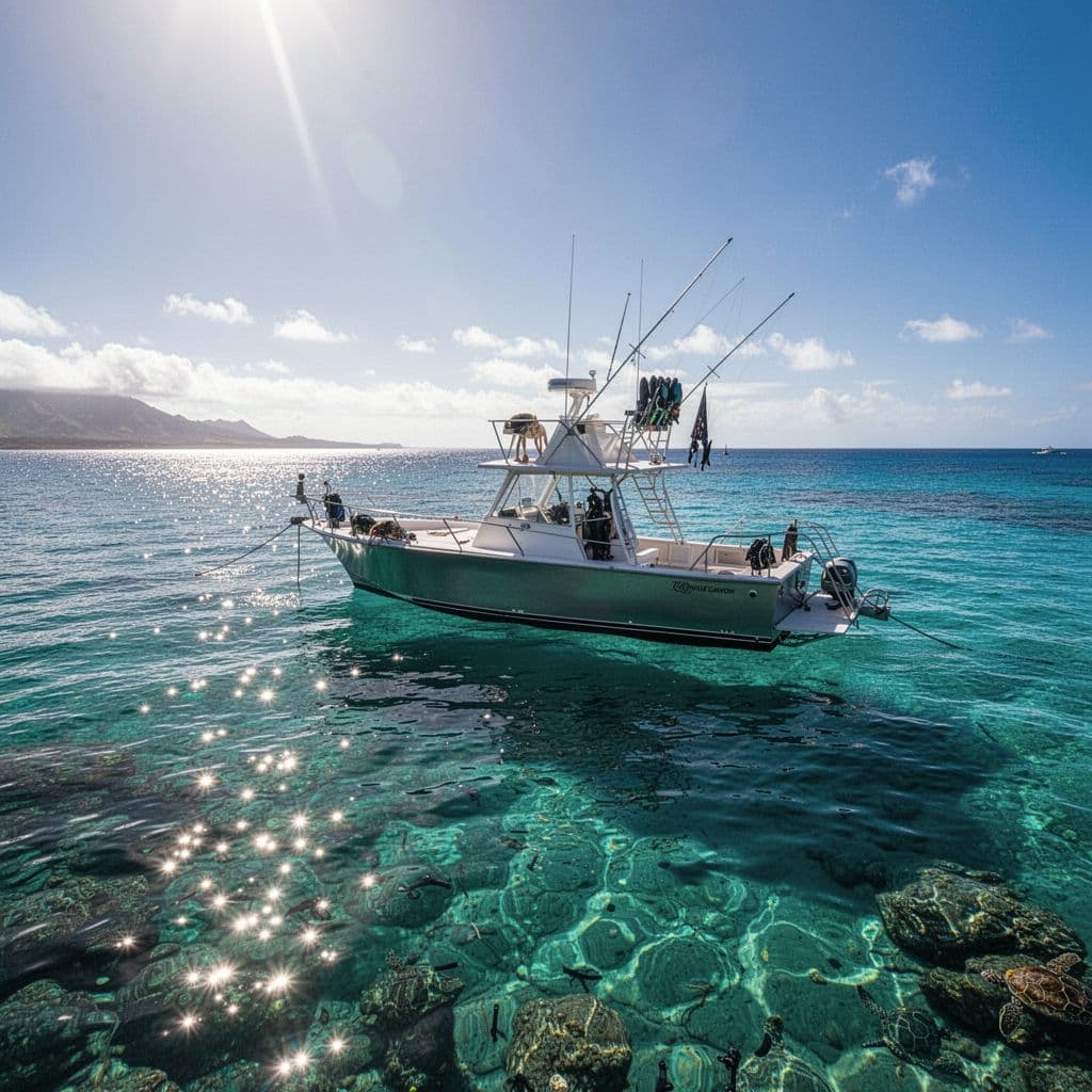 A white charter boat rests on calm, transparent turquoise water in a Hawaiian cove. Sunlight glints off the ocean surface, revealing the sandy seabed beneath the clear tropical sea.
