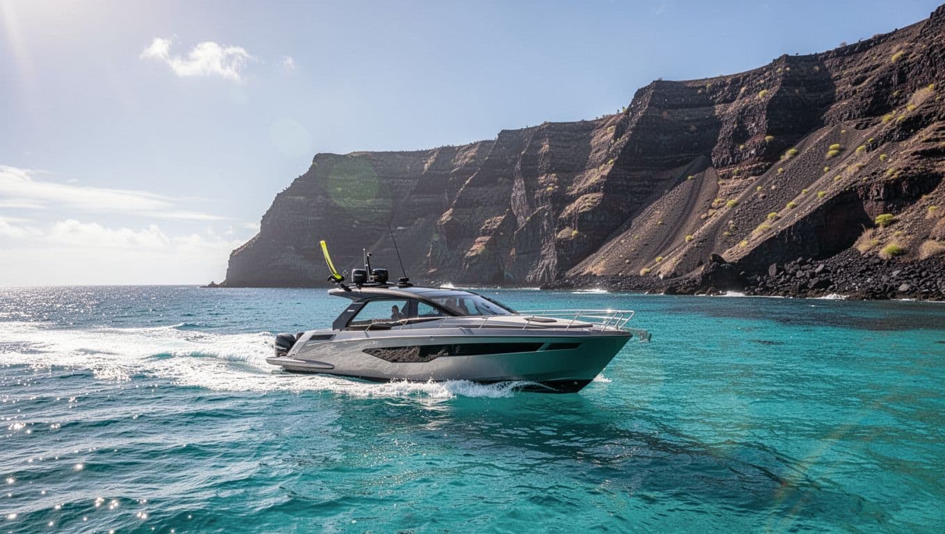 A sleek boat cruises on bright turquoise water toward steep volcanic cliffs.