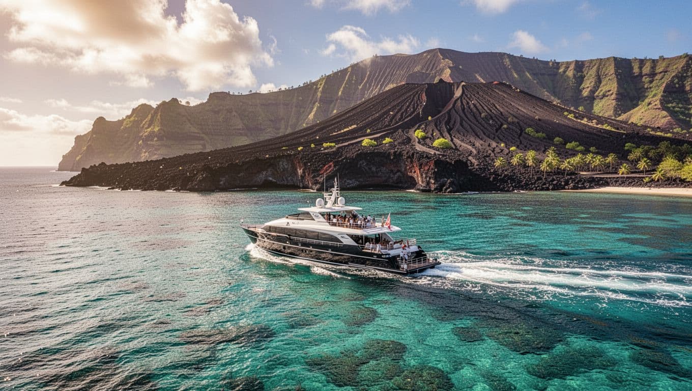 A sleek snorkel boat cruises toward a rugged volcanic coast on bright blue water.