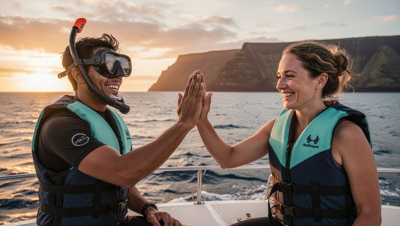 Two crew members high-five two smiling guests on boat deck with ocean horizon and Big Island cliffs at sunset.