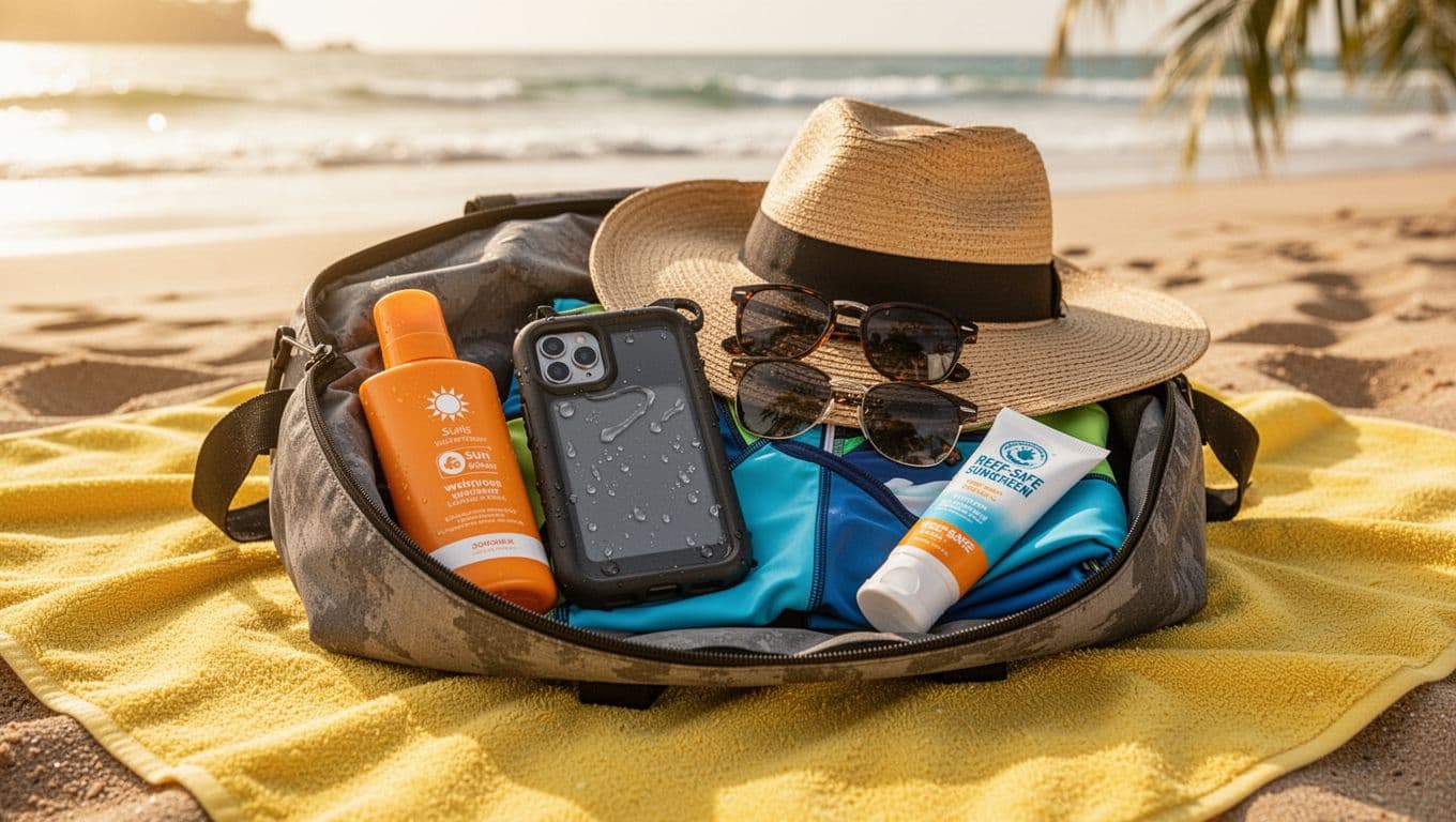 Close-up of an open packed dry bag on a beach towel, containing sunscreen bottle, waterproof phone case, hat, sunglasses, folded rash guard, and reef-safe sunscreen tube, neatly organized in a sunny tropical beach setting with dramatic lighting.