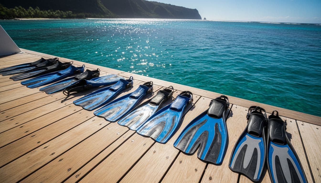 Assortment of snorkel fins arranged on sunny wooden boat deck overlooking turquoise Kealakekua Bay and cliffs.