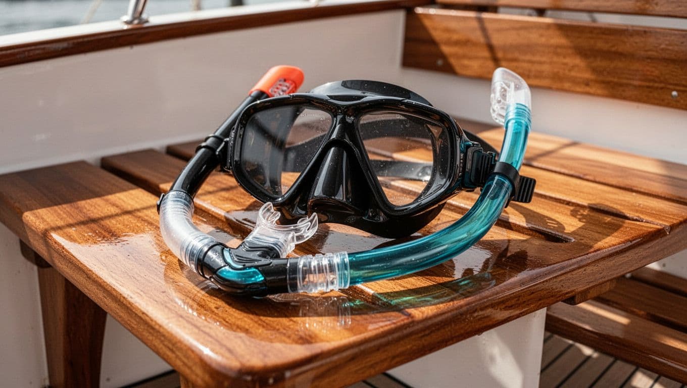 A snorkel mask and mouthpiece resting on a teak boat bench.
