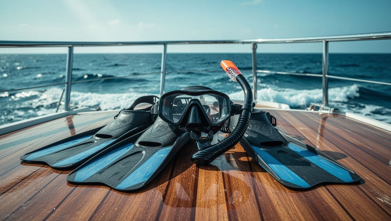 Snorkeling mask, snorkel, and fins on a wooden boat deck above blue waves.