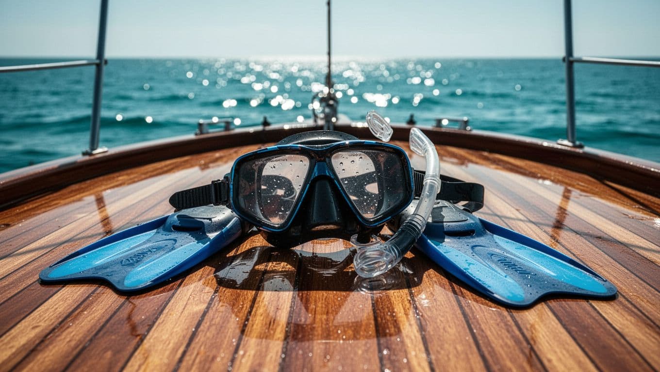 A snorkeling mask and fins sit on a wooden boat deck above the ocean.
